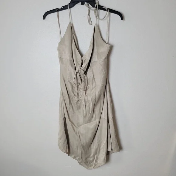 ZARA Ruched Mini Dress Soft Gold Tan | 2298/155 size XLarge Short Tie Neck - Picture 2 of 15
